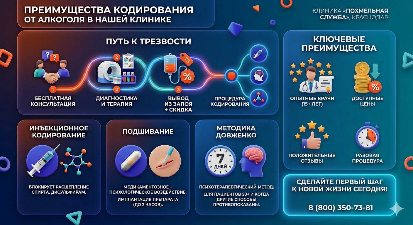 Инфографика о методах кодирования от алкоголя в Хороле: инъекции, подшивание, метод Довженко. Преимущества клиники и этапы лечения.